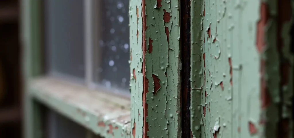 Close-up of weathered green wooden window frame with peeling paint