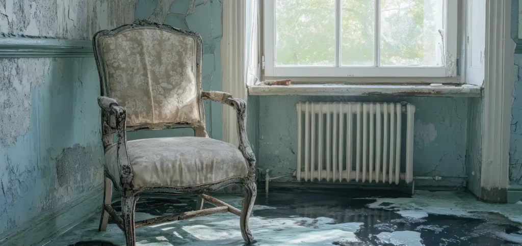Vintage armchair in a worn room with peeling walls and window