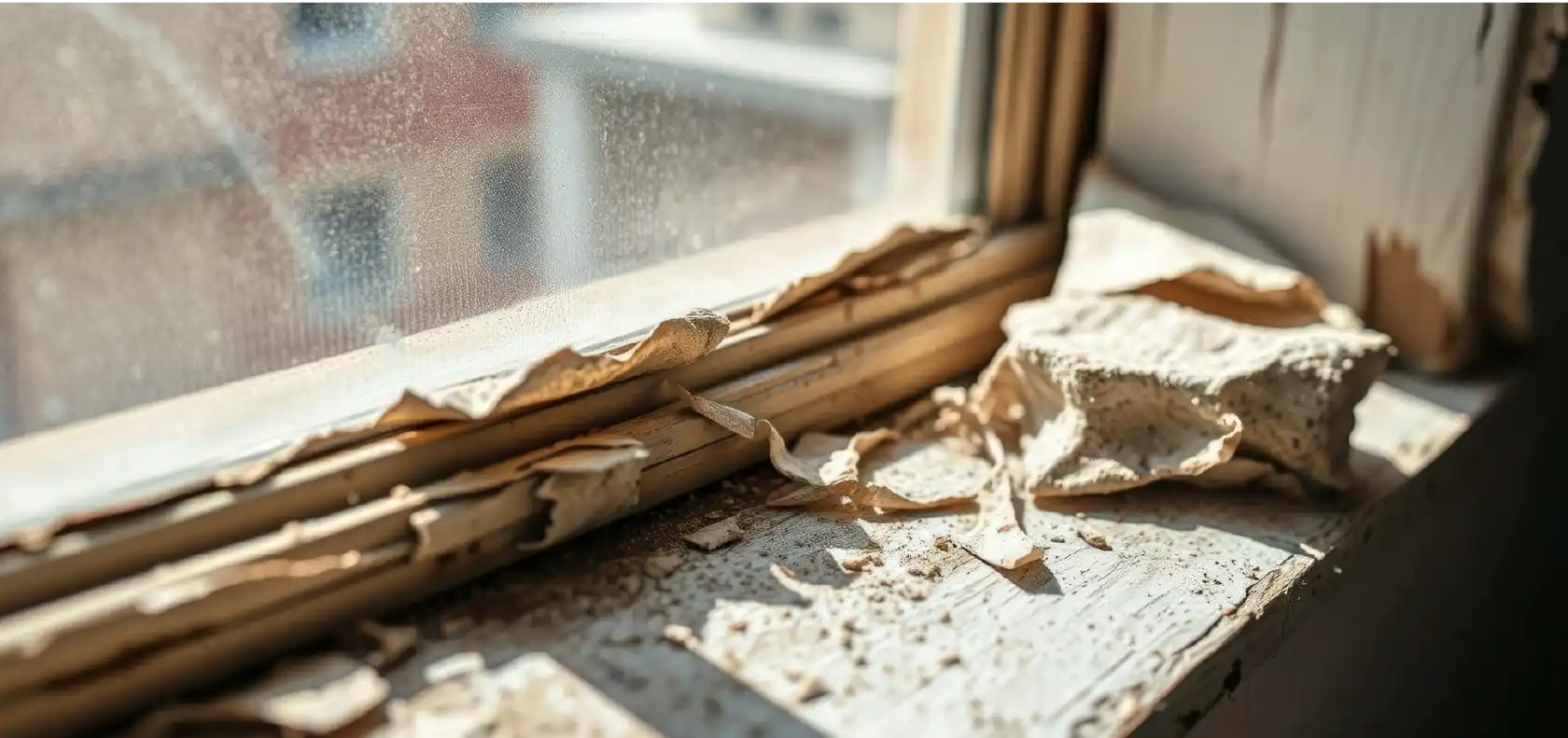 Peeling paint and debris on an old wooden window sill in sunlight
