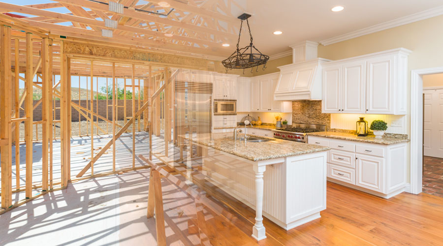 Residential renovation project showing new construction and remodeled kitchen space where air quality testing may be requested after construction work is completed.