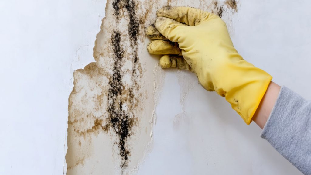 Black mold growth and water damage visible on a basement wall with peeling paint