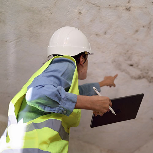 Environmental consultant inspecting painted walls during a New York City lead paint inspection for HPD or DOH violation compliance
